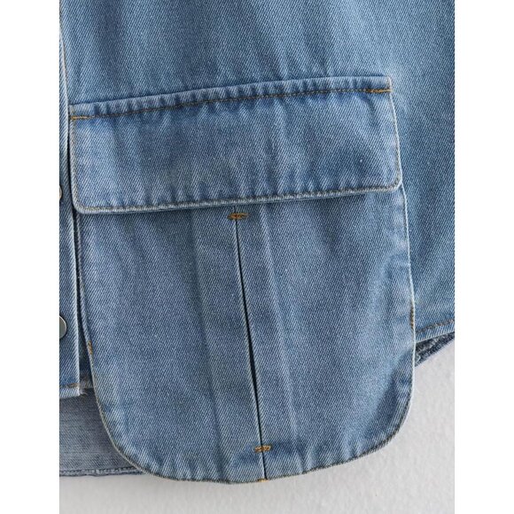 Women's Cropped Denim Shirt Cotton Polyester Sleeveless Summer Casual - Picture 6 of 7